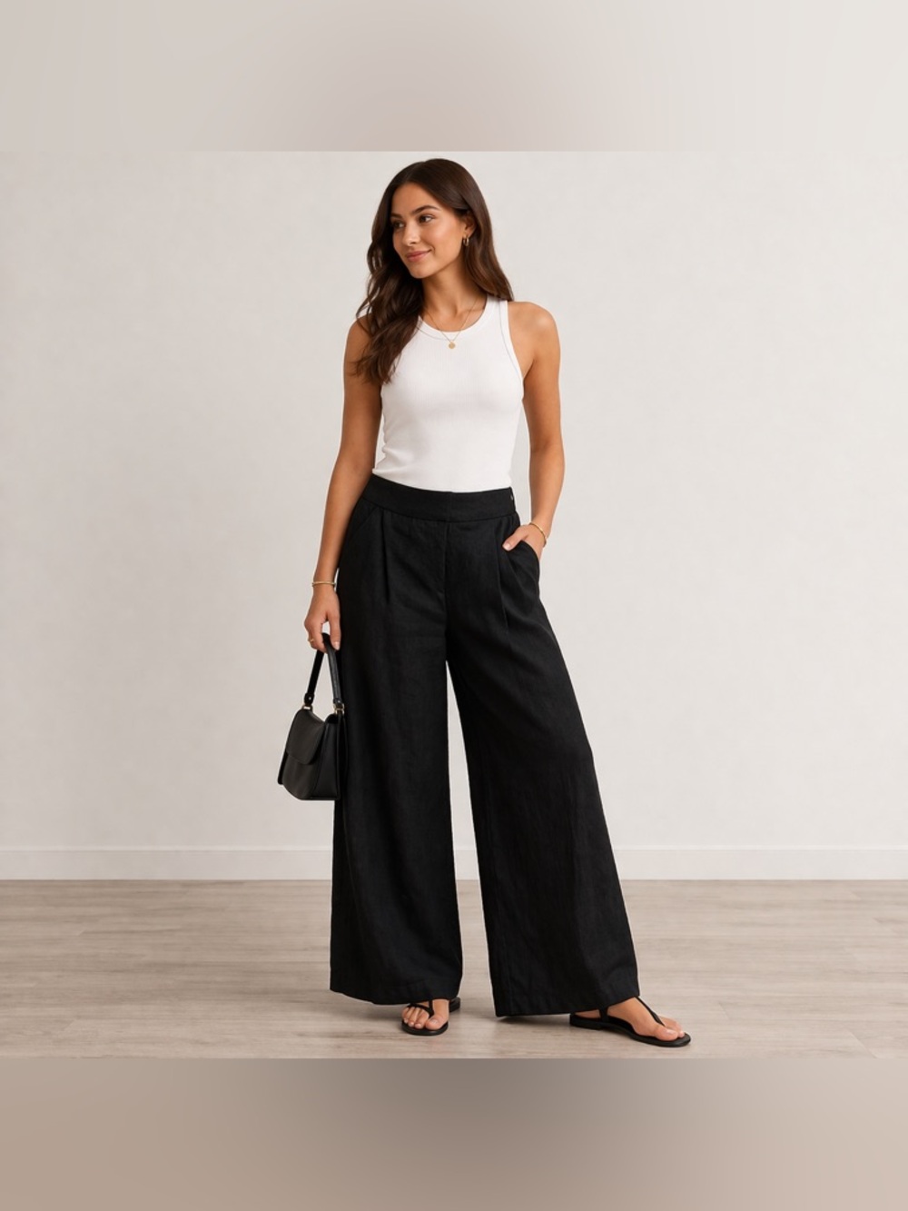 NWOT Commense Black Linen Blend Wide Leg Trousers